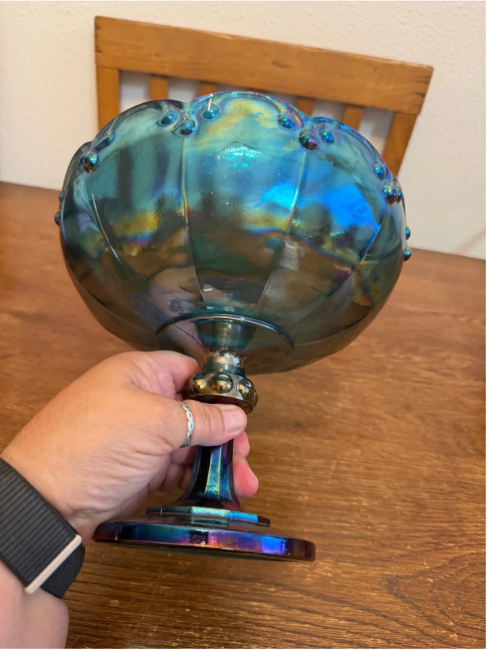 Vintage Blue Carnival Glass Pedestal Compote Bowl Iridescent Scalloped -CH
